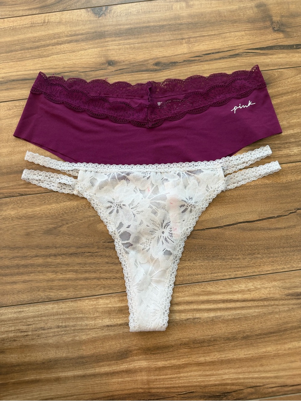 Victoria's Secret Pink Burgundy & Cream Lace Thong Set